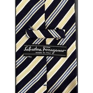 Salvatore Ferragamo Tie Navy Yellow Stripe Silk Italy 4” Wide 58.5”Length